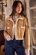 Load image into Gallery viewer, So Me Suede Jacket with Contrasting lace Trim in Camel