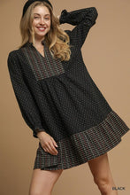 Load image into Gallery viewer, Umgee Polka Dot Plaid Trim Babydoll Dress in Black