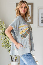 Load image into Gallery viewer, Oli & Hali Paint Splatter Top with Large Ribbon Bow Patch on Front in Blue