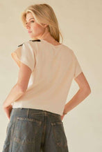 Load image into Gallery viewer, Davi & Dani Top with Bead Embellished Ribbon Patch in Cream Beige FINAL SALE