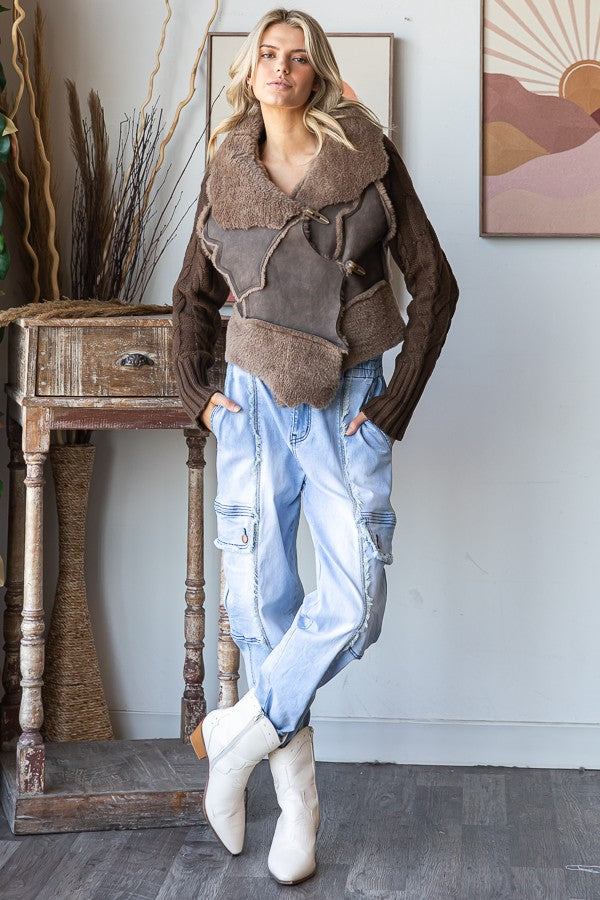 Oli & Hali Faux Fur and Leather CROPPED Jacket with Cable Knit