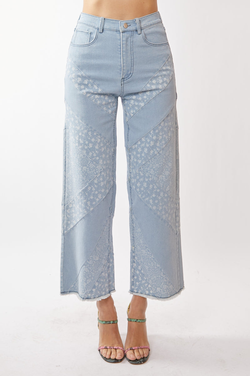 Davi & Dani Denim Pants with Paisley and Ditzy Floral Print in