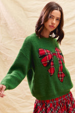 Load image into Gallery viewer, So Me Christmas Plaid Ribbon Bow Front Sweater in Green
