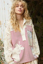 Load image into Gallery viewer, POL Striped Top with Crochet Sleeves and Patches in Cream/Ruby