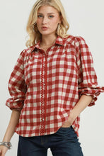 Load image into Gallery viewer, Umgee Gingham Ruffle Trim Button-Up Blouse in Red