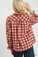 Load image into Gallery viewer, Umgee Gingham Ruffle Trim Button-Up Blouse in Red