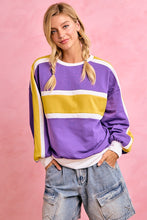 Load image into Gallery viewer, BiBi Gameday Sporty Colorblock Pullover Sweatshirt in Purple Gold