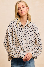 Load image into Gallery viewer, BiBi Crinkle Polka Dot Ruffle Hem Button Down Top in Cream/Black