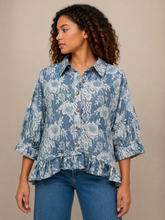 Load image into Gallery viewer, BiBi Flower Print Denim Ruffle Hem Buttoned Top in Denim