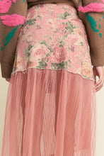 Load image into Gallery viewer, J.nna Contrasting Denim Floral Print and Mesh Midi Skirt in Dusty Pink