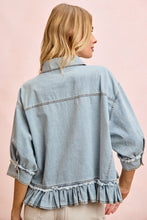 Load image into Gallery viewer, BiBi Washed Denim Ruffle Hem Buttoned Top in Washed Denim