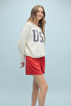 Load image into Gallery viewer, Wishlist Cropped USA Print Knit Sweater in Cream/Navy
