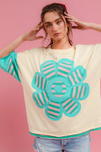 Load image into Gallery viewer, BiBi Loose Fit Dolman Top with Striped Flower Patch Front in Ivory/Jade