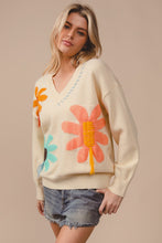 Load image into Gallery viewer, BiBi Flower Pattern Sweater with Stitched and Fringe Details in Cream