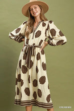 Load image into Gallery viewer, Umgee Mix Leaf Print Belted Midi Dress in Cream Mix