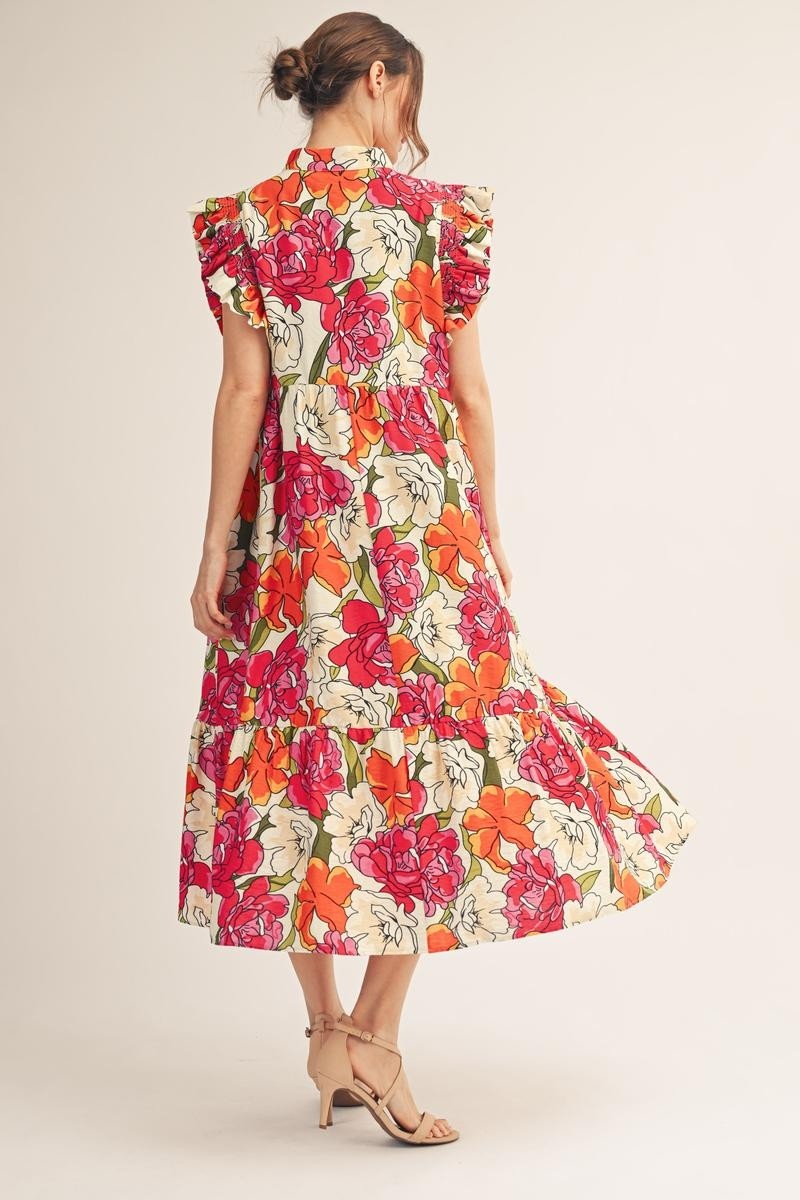 Jodifl Ruffle Sleeve Floral Midi Dress in Red L