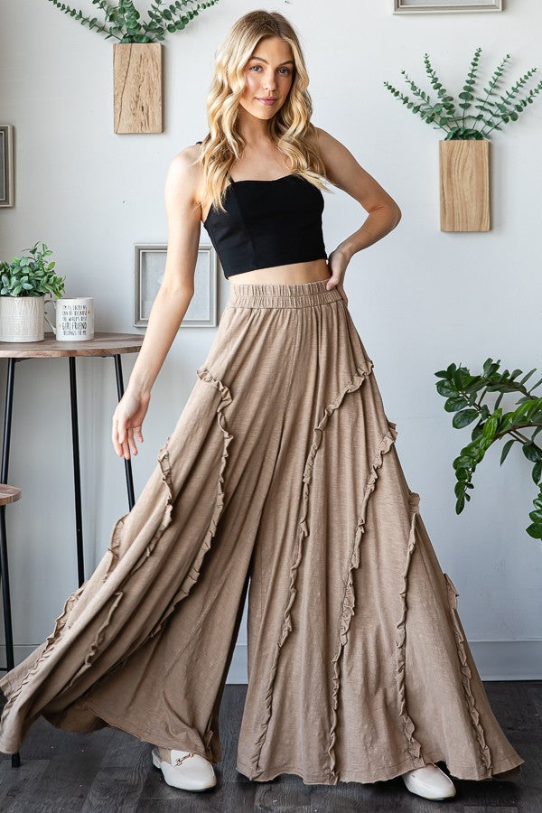 Oli & Hali Ruffled Trim Wide Leg Pants in Mocha – June Adel