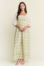 Load image into Gallery viewer, J.nna Lace Sleeve Smocked Bodice Jumpsuit in Green