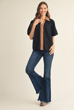 Load image into Gallery viewer, Jodifl Faux Leather Accent Drop Shoulder Solid Top in Black