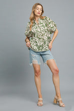 Load image into Gallery viewer, Umgee Floral Print Top with Contrasting Stripe Piping in Sage
