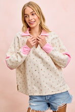 Load image into Gallery viewer, BiBi Floral Print French Terry V Neck Collared Top in Ivory/Pink