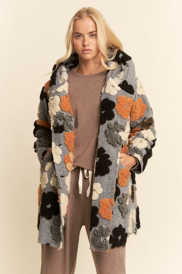 Davi & Dani Multi Flower Embroidery Hooded Jacket in Grey – June Adel