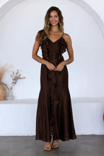 Load image into Gallery viewer, Storia Satin Ruffle V-Neck Dress in Brown