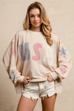 Load image into Gallery viewer, BiBi OVERSIZED French Terry Top with Mixed Print USA and Star Patches in Oatmeal