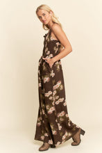 Load image into Gallery viewer, Davi & Dani Floral Ruffle Square Neck Smocking Bodice Jumpsuit in Mocha Brown