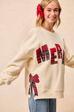 Load image into Gallery viewer, BiBi Fleece Sweatshirt with Plaid MERRY Front Patch and Side Bow Patches in Cream/Red Plaid