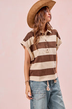 Load image into Gallery viewer, BiBi Collared Wide Striped Top in Taupe/Brown