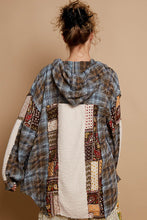 Load image into Gallery viewer, POL Mixed Print Hooded Button Down Top in Choco Multi