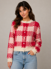 Load image into Gallery viewer, So Me Soft Knit Christmas Checkered Cardigan in Red