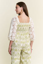 Load image into Gallery viewer, J.nna Lace Sleeve Smocked Bodice Jumpsuit in Green