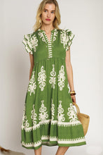 Load image into Gallery viewer, Umgee Two Toned Border Print Midi Dress in Green ON ORDER