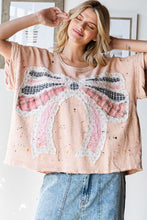 Load image into Gallery viewer, Oli & Hali Paint Splatter Top with Large Ribbon Bow Patch on Front in Pink