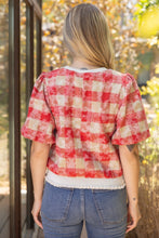 Load image into Gallery viewer, VOY Solid Ribbed Band Bubble Sleeve Plaid Top in Red