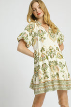 Load image into Gallery viewer, Umgee Boho Print Tiered Mini Dress in Light Olive Mix