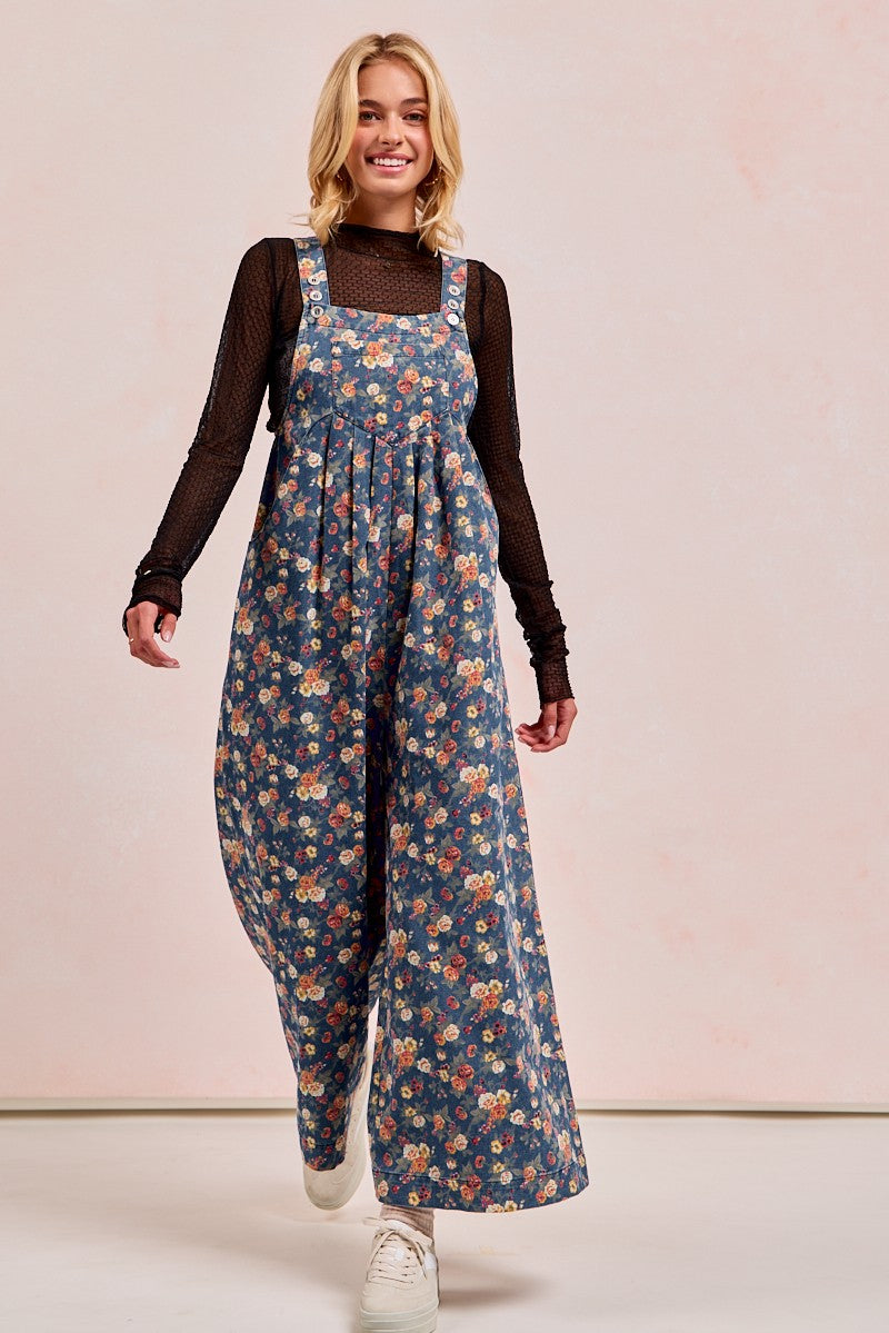 BiBi Floral Print Denim Wide Leg Jumpsuit in Denim – June Adel