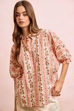 Load image into Gallery viewer, BiBi Bold Woven Striped Floral Print Button Down Top in Red