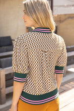 Load image into Gallery viewer, VOY Quarter Button Stripe Band Checker Print Knit Top in Brown