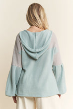 Load image into Gallery viewer, Davi & Dani OVERSIZED Hooded Mixed Fabric Top with Flower Patch in Light Blue Grey