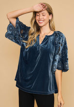 Load image into Gallery viewer, Umgee Velvet Split Neck Top with Floral Lace Sleeves in Slate Blue