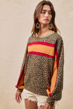 Load image into Gallery viewer, BiBi French Terry Leopard Print Top with Contrasting Color Block Stripes in Red/Pumpkin