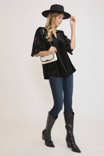 Load image into Gallery viewer, Umgee Velvet Split Neck Top with Floral Lace Sleeves in Black