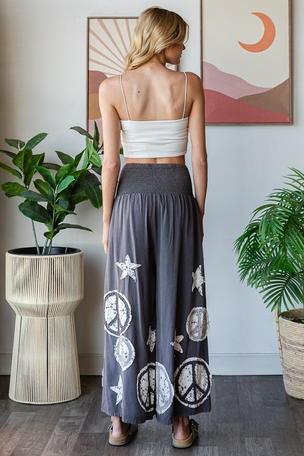 Oli & Hali Smocked Waistband Pants with Peace Sign and Star