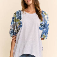 Load image into Gallery viewer, Davi & Dani Knit Top with Sequin Floral Sleeves in Light Blue