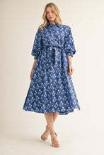 Load image into Gallery viewer, Jodifl Waist Tie Button Down Floral Midi Dress in Cobalt Blue
