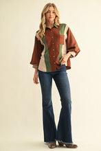 Load image into Gallery viewer, Jodifl Colorblock Crinkle Button-Down Top in Brown Mix