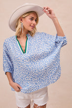 Load image into Gallery viewer, BiBi OVERSIZED Leopard Print Woven Top with Contrasting Striped Collar in Blue